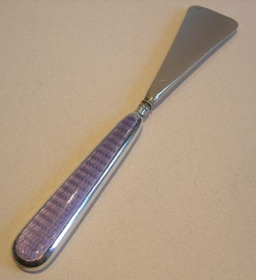 English Sterling Silver and Lavender Guilloche Enamel Shoe Horn