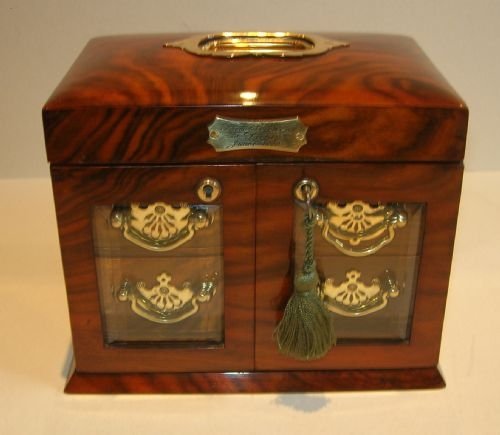 fig 1. Stunning English Walnut Jewellery Box With Glazed Doors c.1900