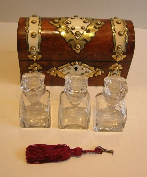 Antique English Scent Bottle Box - Burl Walnut with Brass & Ivory Mounts C.1850