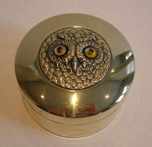 Antique English Brass Box - Owl with Glass Eyes C.1900