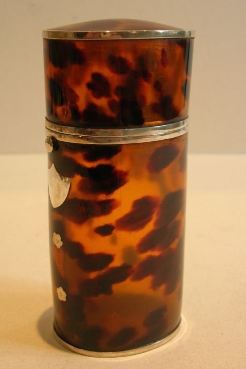 Rare English Georgian Tortoiseshell & Sterling Silver Cheroot or Cigar Tube / Box