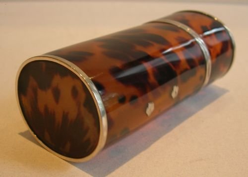 fig 1. Rare English Georgian Tortoiseshell & Sterling Silver Cheroot or Cigar Tube / Box