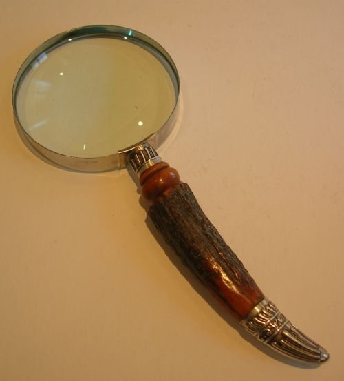 Antique English Antler Horn & Sterling Silver Magnifying Glass
