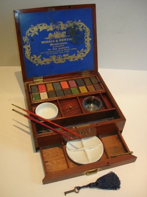 Antique English Inlaid Mahogany Artist's Watercolour Box by Winsor & Newton
