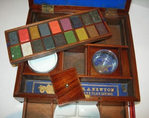 fig 1. Antique English Inlaid Mahogany Artist's Watercolour Box By Winsor & Newton