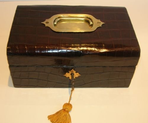 Stunning Rich Chocolate Brown Crocodile / Alligator Skin Jewellery Box C.1890
