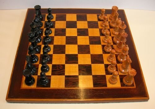 Antique English Boxed Weighted Chess Set with Board C.1900, Staunton Style.