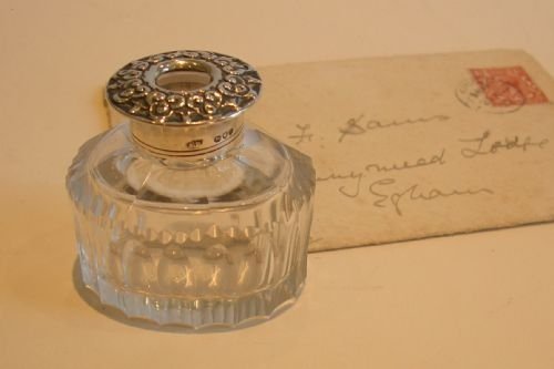 Antique English Sterling Silver Lidded Crystal Inkwell - London 1890