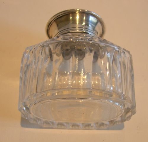 fig 1. Antique English Sterling Silver Lidded Crystal Inkwell - London 1890