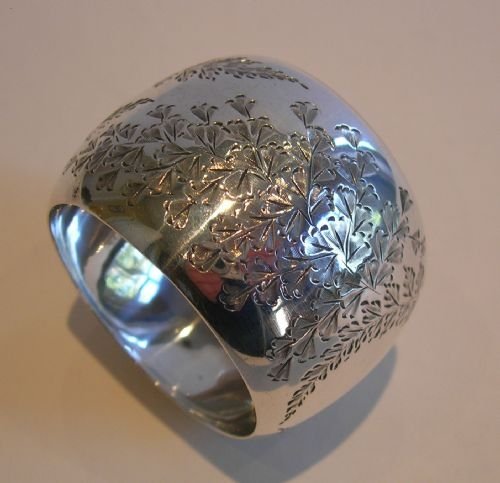 Antique English Sterling Silver Fern Engraved Napkin Ring - 1892