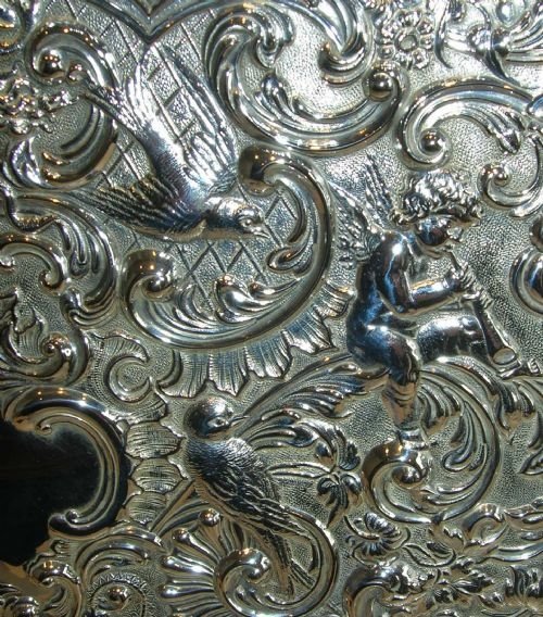 fig 1. Fabulous Large Antique Embossed Tray - Musical Cherubs & Birds c.1900