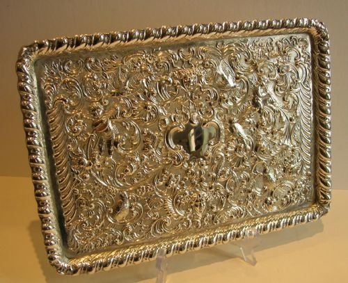 Fabulous Large Antique Embossed Tray - Musical Cherubs & Birds C.1900