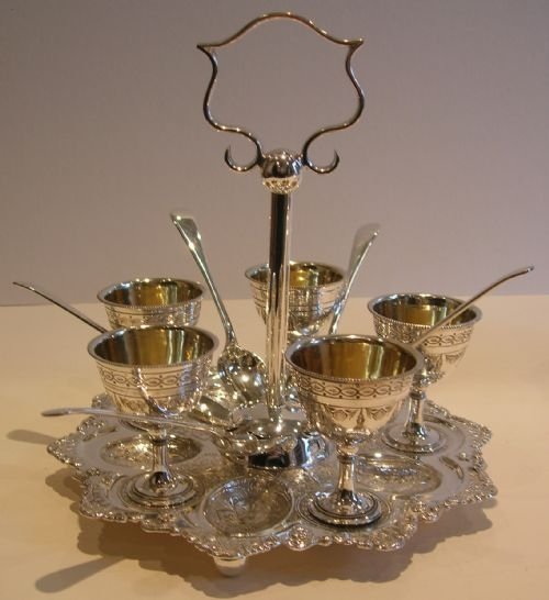 Antique English Silver Plated Five Egg Cruet with Spoons C.1890