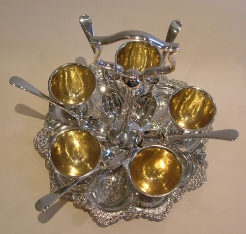 fig 1. Antique English Silver Plated Five Egg Cruet With Spoons c.1890