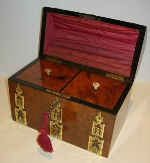 fig 1. Superb Antique English Brass Bound Burr Walnut Tea Caddy c.1860