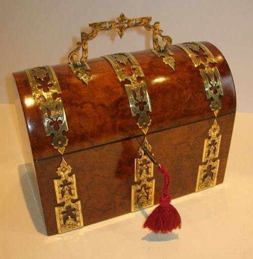 Superb Antique English Brass Bound Burr Walnut Tea Caddy C.1860