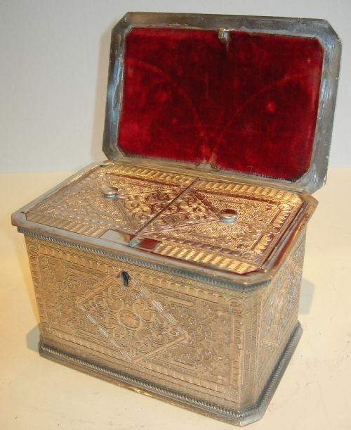 Antique English Britannia Metal / Silver Plated Double Compartment Tea Caddy C.1860