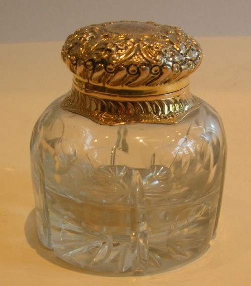 Large Antique English Cut Crystal Inkwell with Silver Gilt Lid - 1891