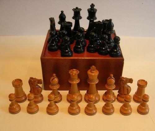 Large Antique English Staunton Style Carved Chess Set C.1900
