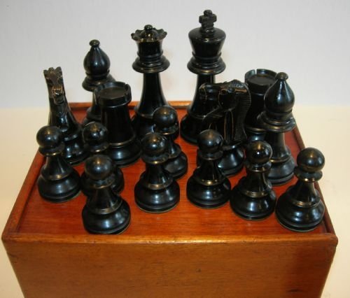 fig 1. Large Antique English Staunton Style Carved Chess Set c.1900