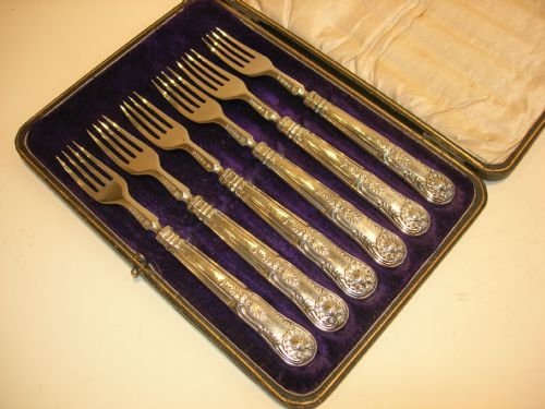 Set Six English Victorian Sterling Silver Cake / Pastry / Desert Forks - Kings Pattern