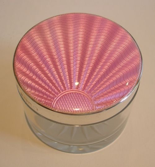 English Sterling Silver & Pink Guilloche Enamel Vanity Jar