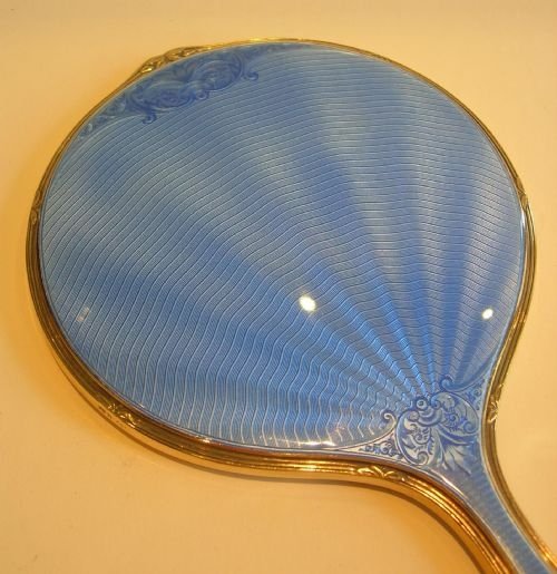 Stunning English Silver Gilt and Blue Guilloche Enamel Hand Mirror