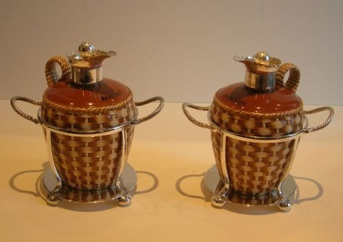Antique English Taylor & Tunnicliffe Ceramic Whisky & Brandy Flasks in Silver Caddies