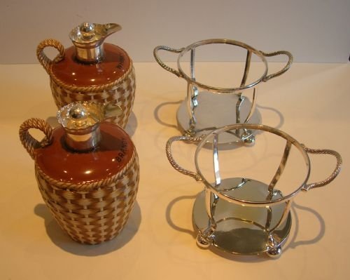 fig 1. Antique English Taylor & Tunnicliffe Ceramic Whisky & Brandy Flasks In Silver Caddies