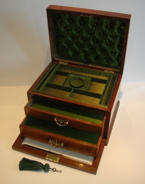 Large Antique Walnut Jewelry Box with Glazed Fall Front & Two Drawers C.1890