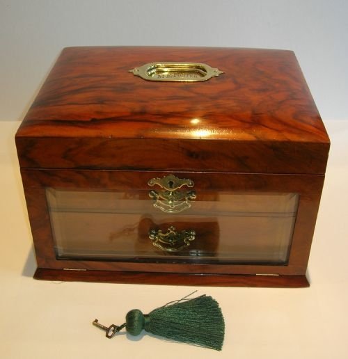 fig 1. Large Antique Walnut Jewelry Box With Glazed Fall Front & Two Drawers c.1890