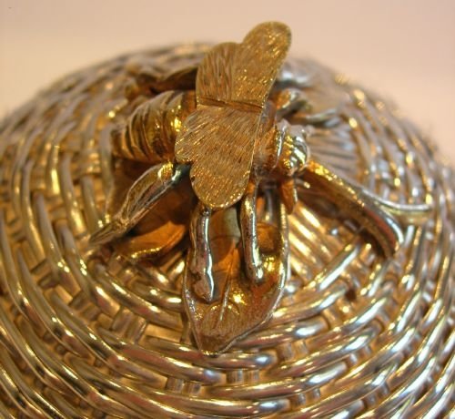 fig 1. Stunning Victorian Honey Pot With Figural Bee; Basket Weave Silver Plate c.1880