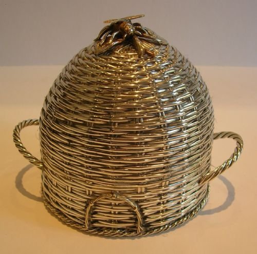 Stunning Victorian Honey Pot with Figural Bee; Basket Weave Silver Plate C.1880