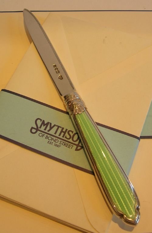 Antique English Sterling Silver & Green Guilloche Enamel Letter Opener