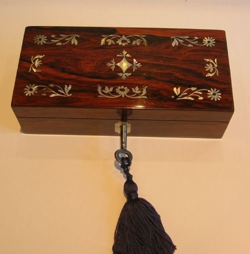 Antique Rosewood Jewelry / Trinket Box - Mother of Pearl Inlaid C.1840