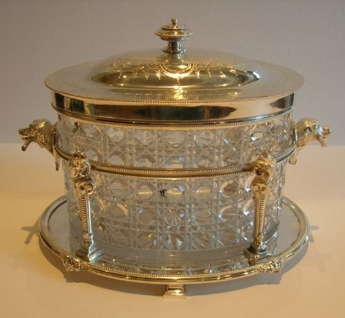 Magnificent Antique English Biscuit Box C.1870 - Dog Head Handles