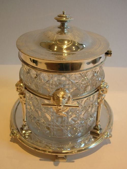 fig 1. Magnificent Antique English Biscuit Box c.1870 - Dog Head Handles