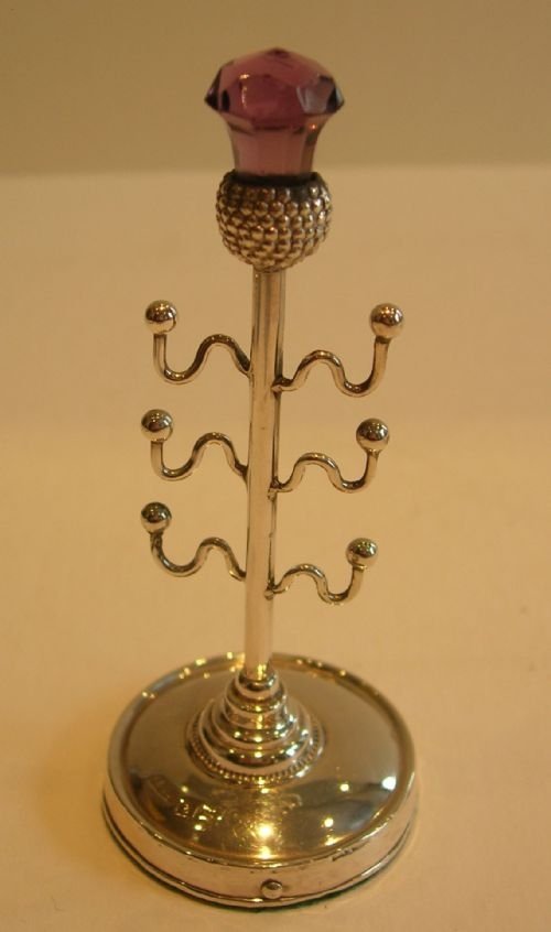 Antique English Sterling Silver Ring Tree with Amethyst Scottish Thistle Top