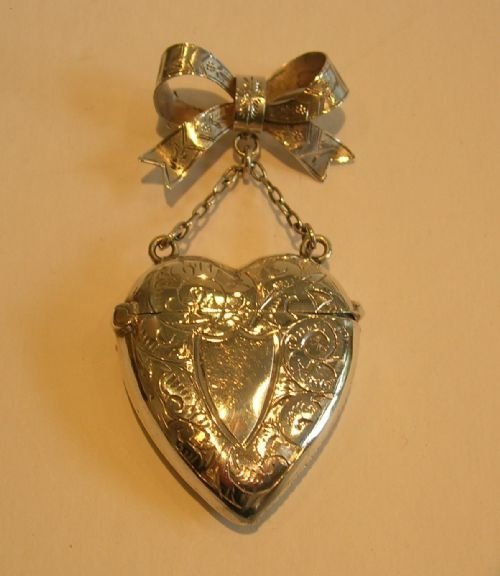 Antique English Sterling Silver Heart Shaped Vesta / Pin or Brooch - 1899