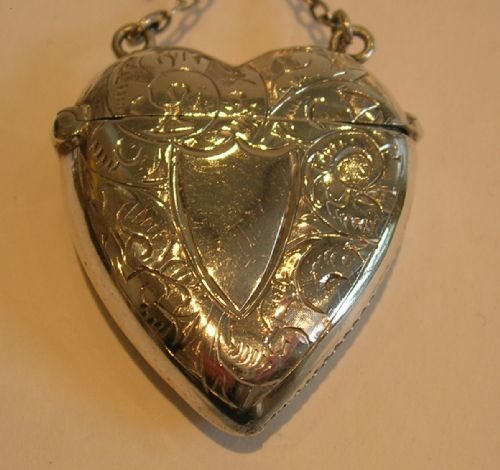 fig 1. Antique English Sterling Silver Heart Shaped Vesta / Pin or Brooch - 1899