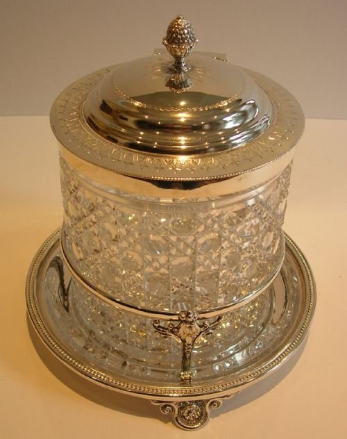 Grandest Large Antique Cut Crystal and Silver Plated Biscuit Barrel / Box