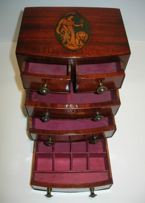 Rare English Georgian Miniature Chest of Drawers Inlaid with Britannia Inlay C.1800