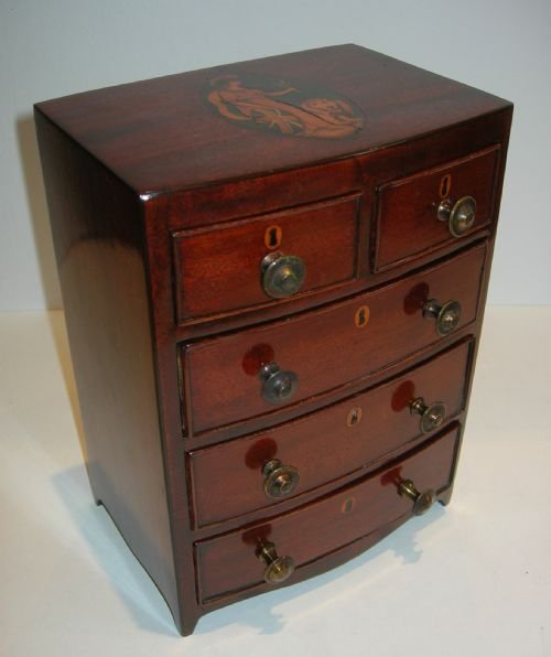 fig 1. Rare English Georgian Miniature Chest of Drawers Inlaid With Britannia Inlay c.1800