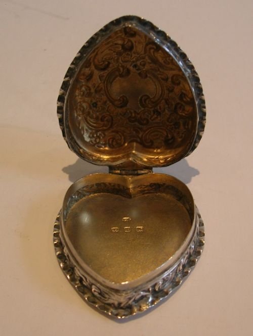 fig 1. Antique English Sterling Silver Heart Pill Box - Victorian - 1899