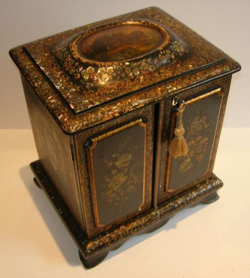 Grand Antique Mother of Pearl Inlaid Papier Mache Lady's Compendium - Sewing / Jewellery / Writing