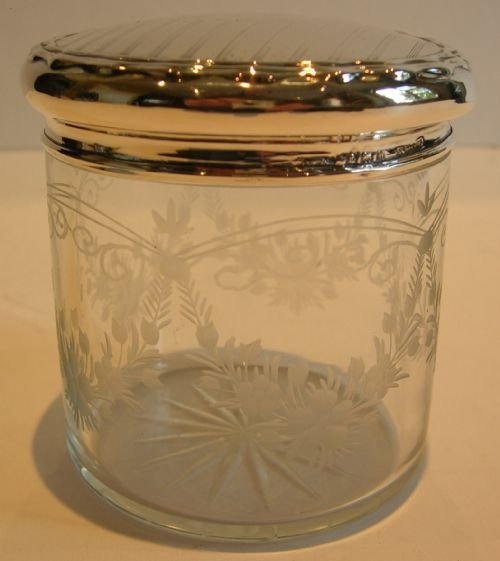 Large English Sterling Silver Lidded Vanity Jar - Floral Garland Engraved