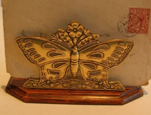 Small Antique English Oak & Brass Letter Rack or Holder - Butterfly