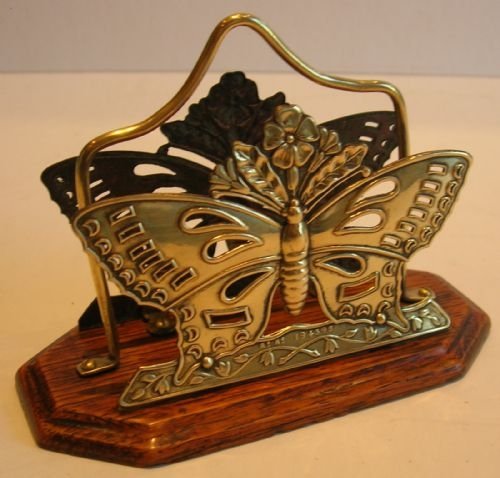 fig 1. Small Antique English Oak & Brass Letter Rack or Holder - Butterfly