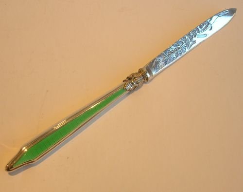 Antique English Sterling Silver & Green Guilloche Enamel Letter Opener