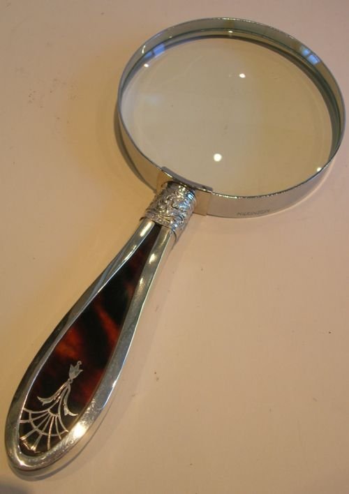 Antique English Sterling Silver & Tortoise Shell Handled Magnifying Glass - Pique Inlay